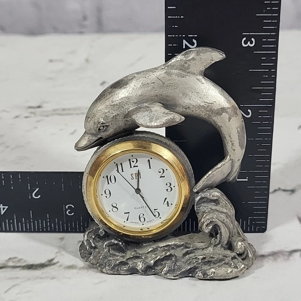 Vintage‎ Pewter Quartz Desk Clock Dolphin Figural Coastal Motif Flaw-Non Working